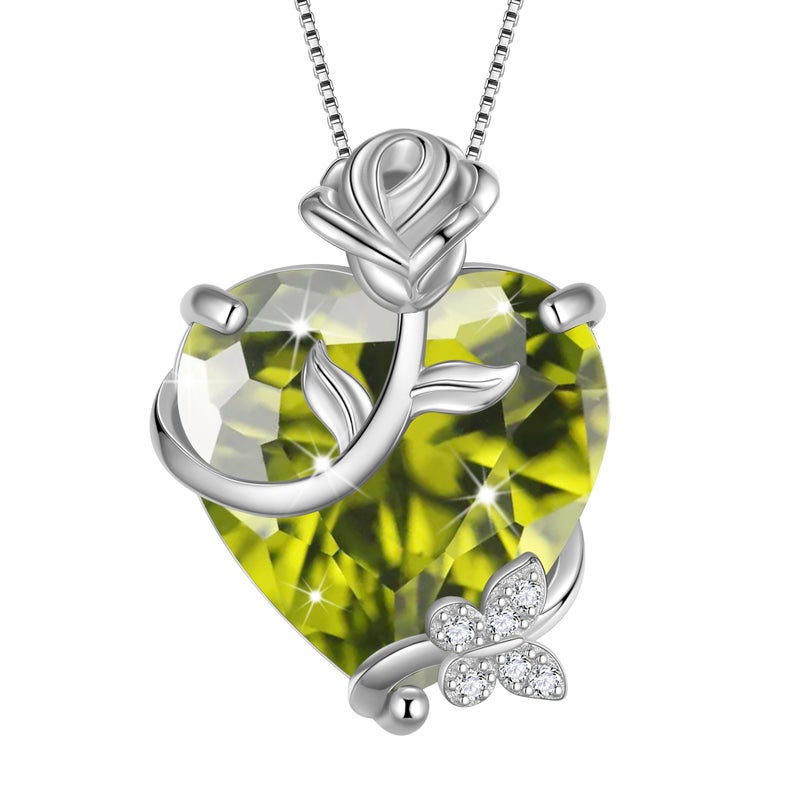 Juwaliy 15MM Women Rose Heart Necklace August Birthstone 925 Sterling Silver Flower Butterfly Pendant Green Peridot Jewelry Christmas Birthday Mother's Day Gift - Image 1