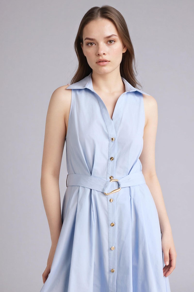 DeFacto Blue Woman 100% Cotton Belted Sleeveless Midi Dress Casual - Image 4