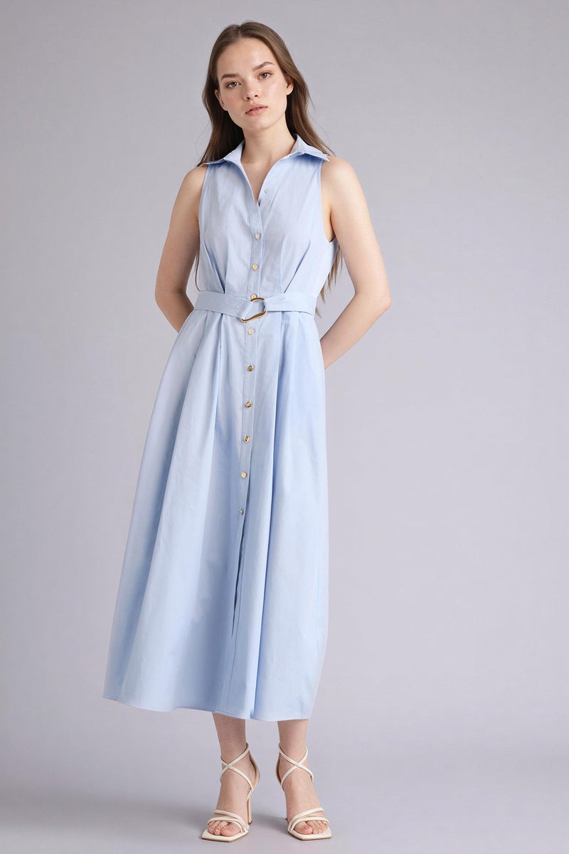 DeFacto Blue Woman 100% Cotton Belted Sleeveless Midi Dress Casual - Image 2