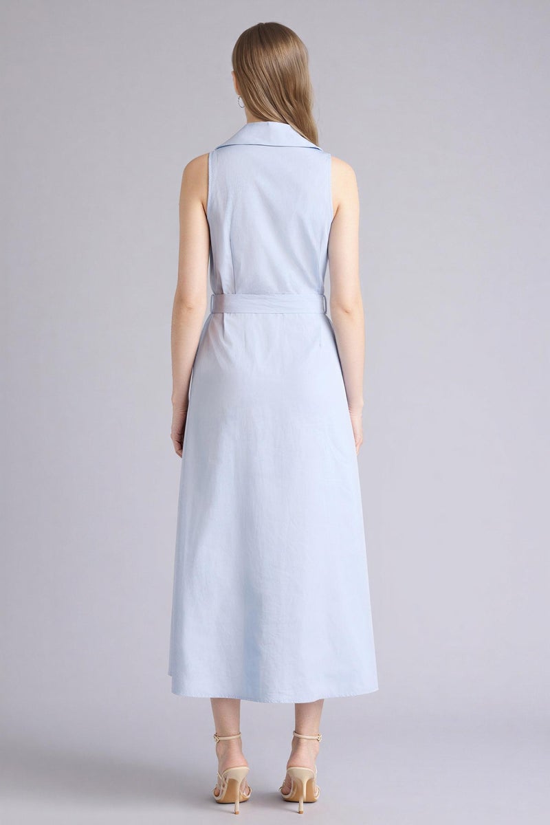 DeFacto Blue Woman 100% Cotton Belted Sleeveless Midi Dress Casual - Image 5