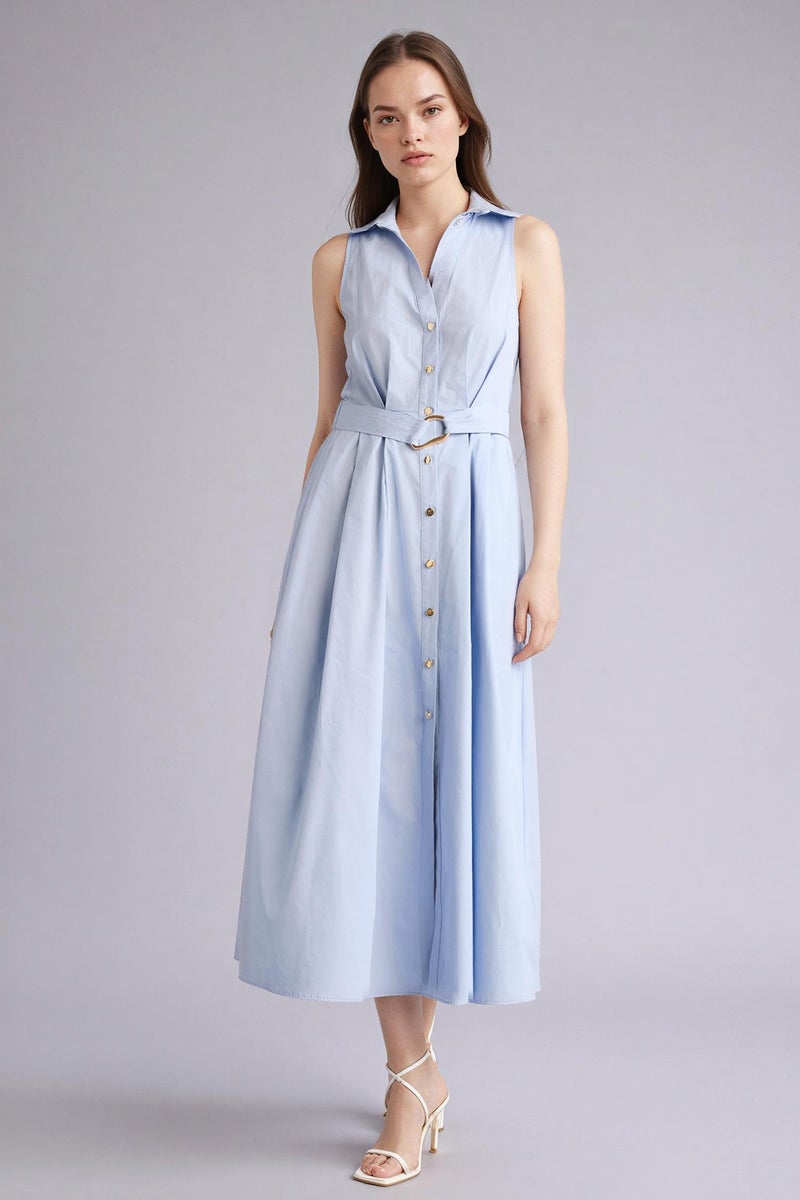 DeFacto Blue Woman 100% Cotton Belted Sleeveless Midi Dress Casual - Image 3