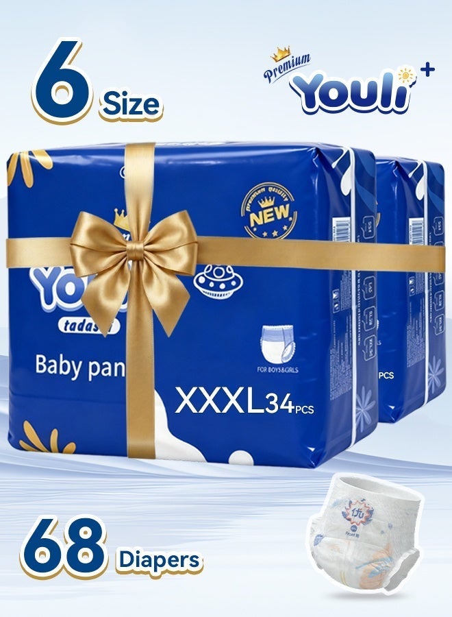 Youli Baby Diapers,Pants Diapers Size 6,15-23 Kg, 360° Leak-Free Fit For Up To 100% Leakage Protection, Ultimate Comfort 68 Diapers