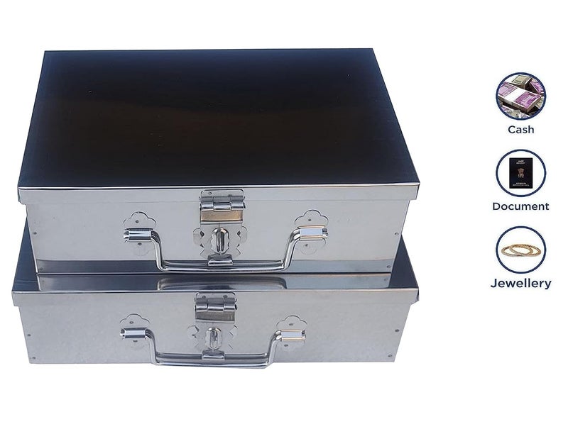 GinoSet Stainless Steel Storage BoxesCash PetiPooja PetiOrganizerVanity BoxSafe Locker Box Set of 2 pieces 8 and 9 Storage Box Steel - Image 2