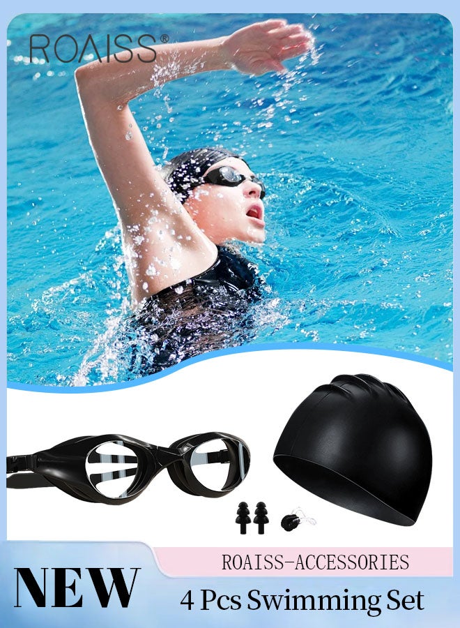 رويس مجموعة نظارات سباحة للكبار مكونة من 4 قطع، نظارات سباحة عالية الدقة مضادة للضباب، معدات سباحة خارجية مع نظارة وقبعة سباحة ومشبك أنف وسدادات أذن - Image 1