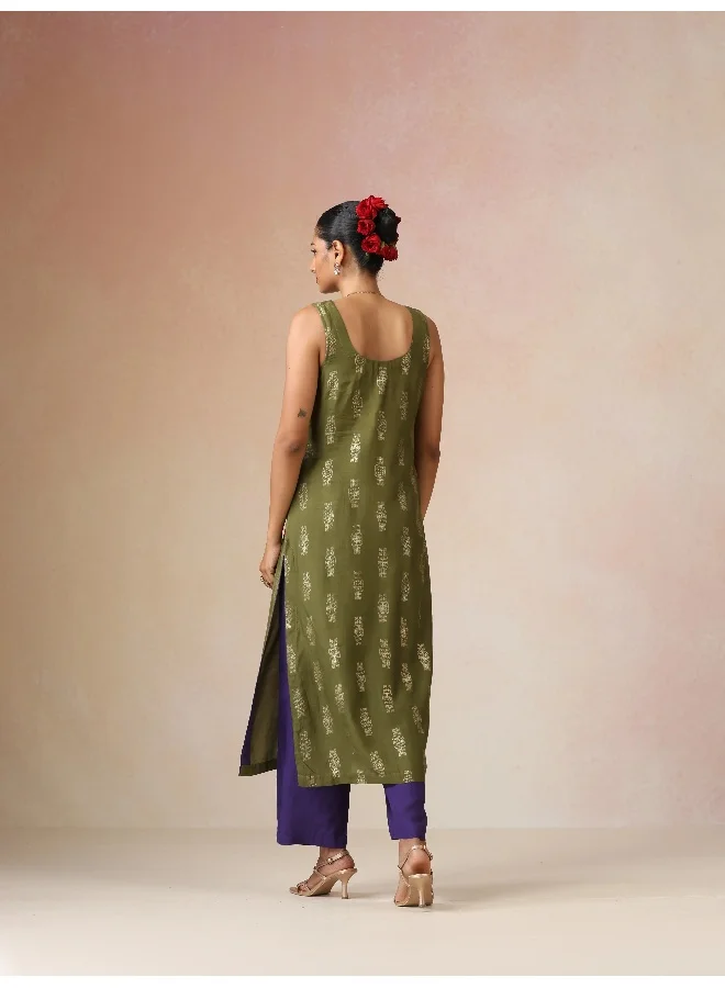 trueBrowns trueBrowns Olive Green Gold Foil Print Muslin Silk Sleeveless Straight Kurta Set