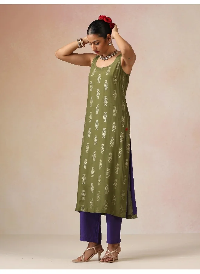 trueBrowns trueBrowns Olive Green Gold Foil Print Muslin Silk Sleeveless Straight Kurta Set