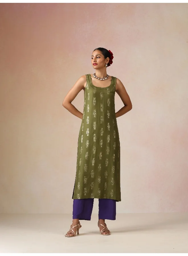 trueBrowns trueBrowns Olive Green Gold Foil Print Muslin Silk Sleeveless Straight Kurta Set