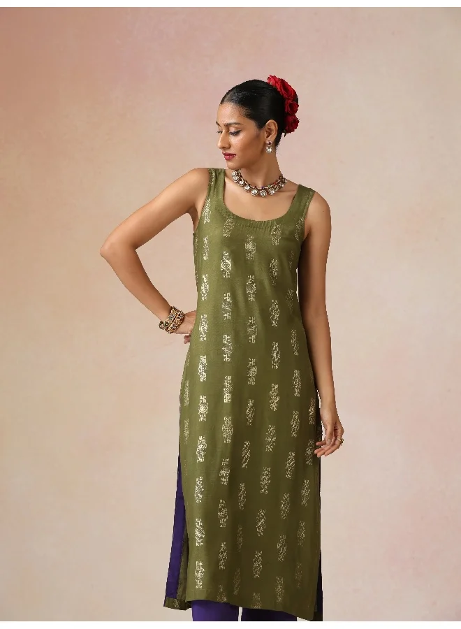 trueBrowns trueBrowns Olive Green Gold Foil Print Muslin Silk Sleeveless Straight Kurta Set