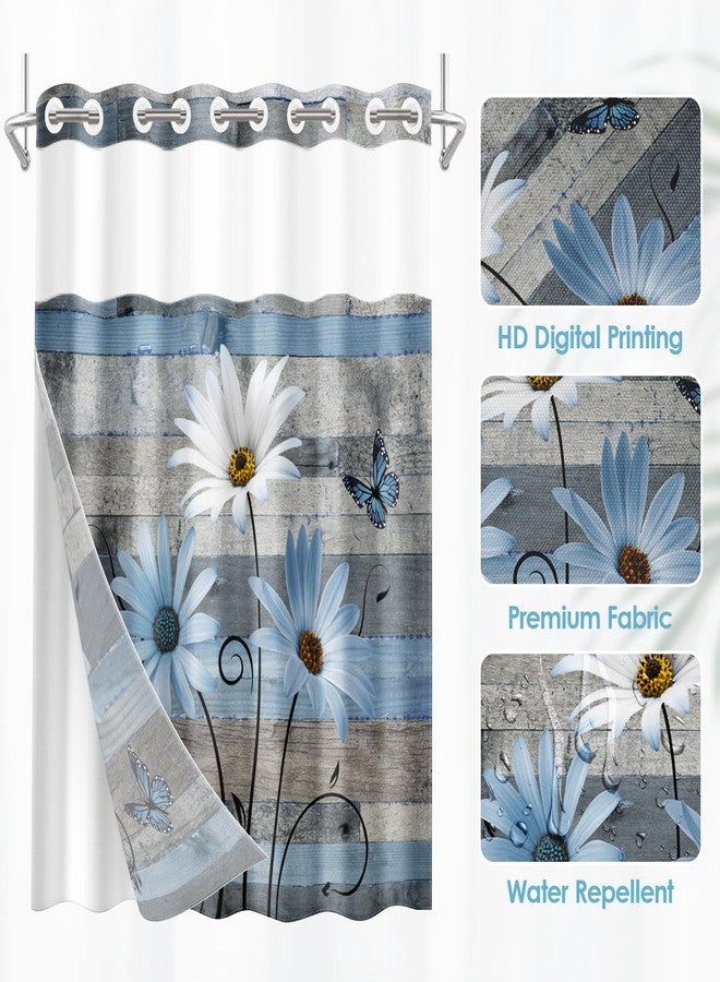 Nesphy No Hook Blue Daisy and Butterfly Shower Curtain with Snap in Fabric Liner Set, Rustic Farmhouse Double Layers Waterproof Fabric with See Through Top Window Open Grommet Bath Curtain 71x74 Inch - Image 2