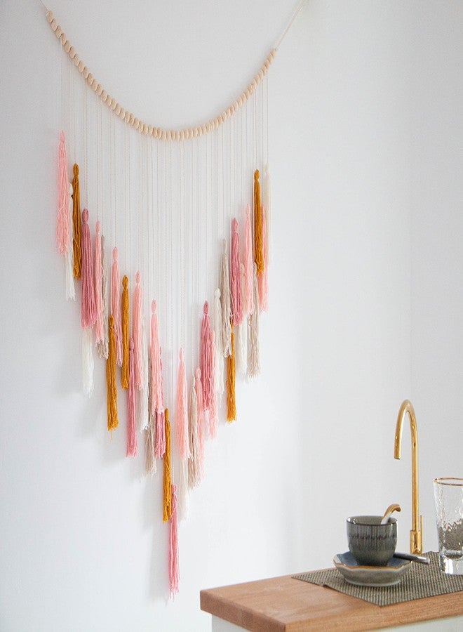 Decocove Macrame Wall Hanging - Large Macrame Wall Hanging with Wood Beads - Bohemian Wall Decor for Bedroom, Living Room and Kitchen - Pink and Gold- 35'' x 36'' - Image 2