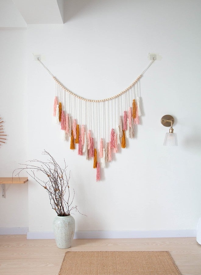Decocove Macrame Wall Hanging - Large Macrame Wall Hanging with Wood Beads - Bohemian Wall Decor for Bedroom, Living Room and Kitchen - Pink and Gold- 35'' x 36'' - Image 3