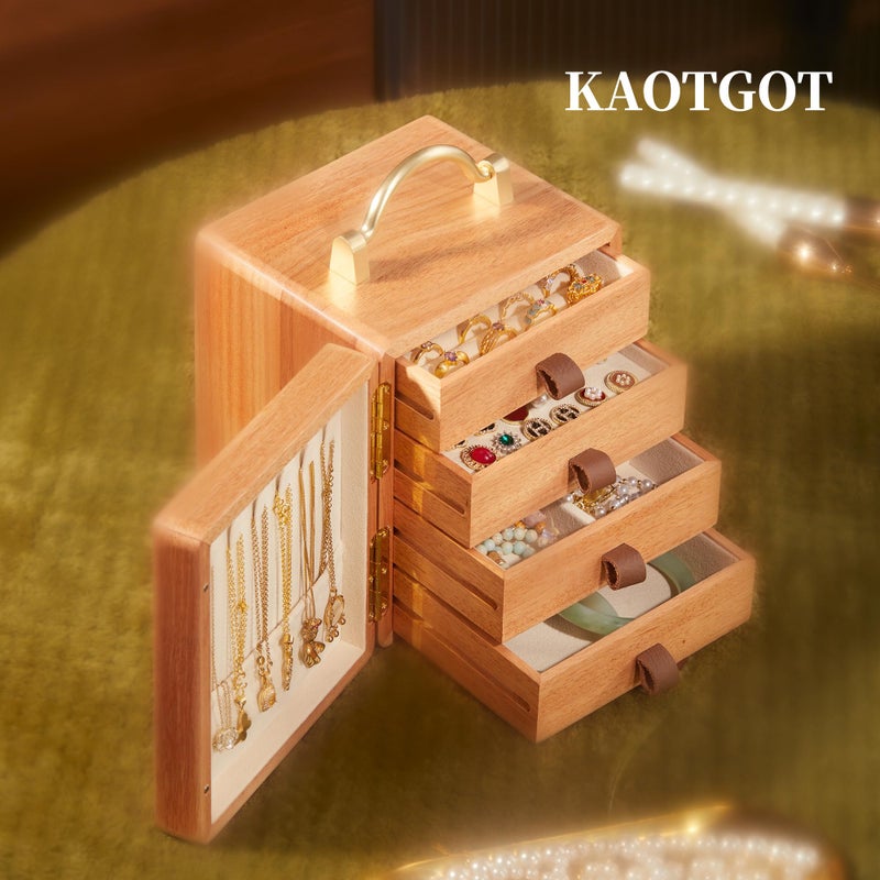 KAOTGOT Wooden Jewelry Box for Women Walnut Wooden Jewelry Box with handle 4-Tier Jewelry Organizer for Rings, Necklaces - Image 5