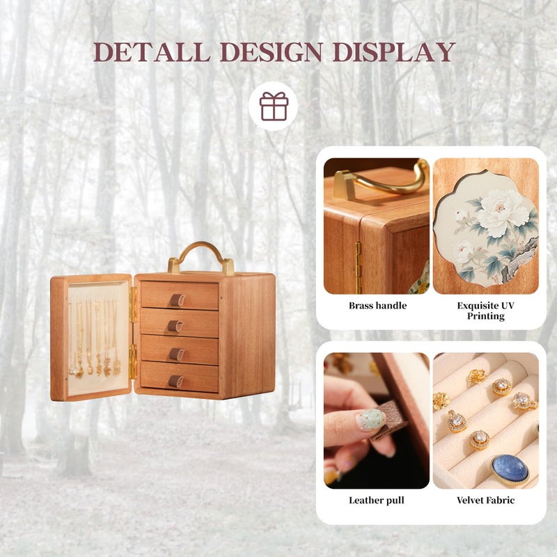 KAOTGOT Wooden Jewelry Box for Women Walnut Wooden Jewelry Box with handle 4-Tier Jewelry Organizer for Rings, Necklaces - Image 4