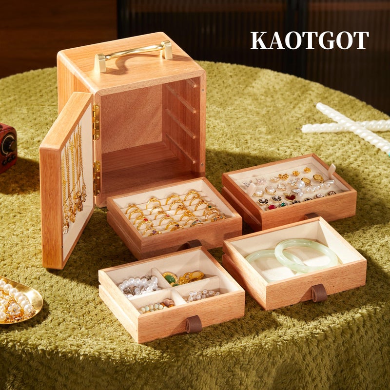 KAOTGOT Wooden Jewelry Box for Women Walnut Wooden Jewelry Box with handle 4-Tier Jewelry Organizer for Rings, Necklaces - Image 3