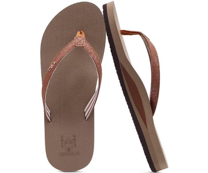 KuaiLu Womens Arch Support Flip Flops Comfortable Yoga Mat Slip on Leather Walking Thong Cushion Sandals Summer Beach Orthotic Slides Travel Essentials Indoor Outdoor Slippers Shoes Camel Size 7 - Image 1