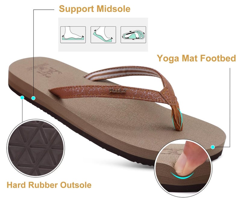 KuaiLu Womens Arch Support Flip Flops Comfortable Yoga Mat Slip on Leather Walking Thong Cushion Sandals Summer Beach Orthotic Slides Travel Essentials Indoor Outdoor Slippers Shoes Camel Size 7 - Image 5