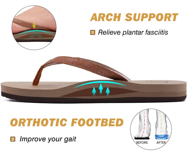KuaiLu Womens Arch Support Flip Flops Comfortable Yoga Mat Slip on Leather Walking Thong Cushion Sandals Summer Beach Orthotic Slides Travel Essentials Indoor Outdoor Slippers Shoes Camel Size 7 - Image 4