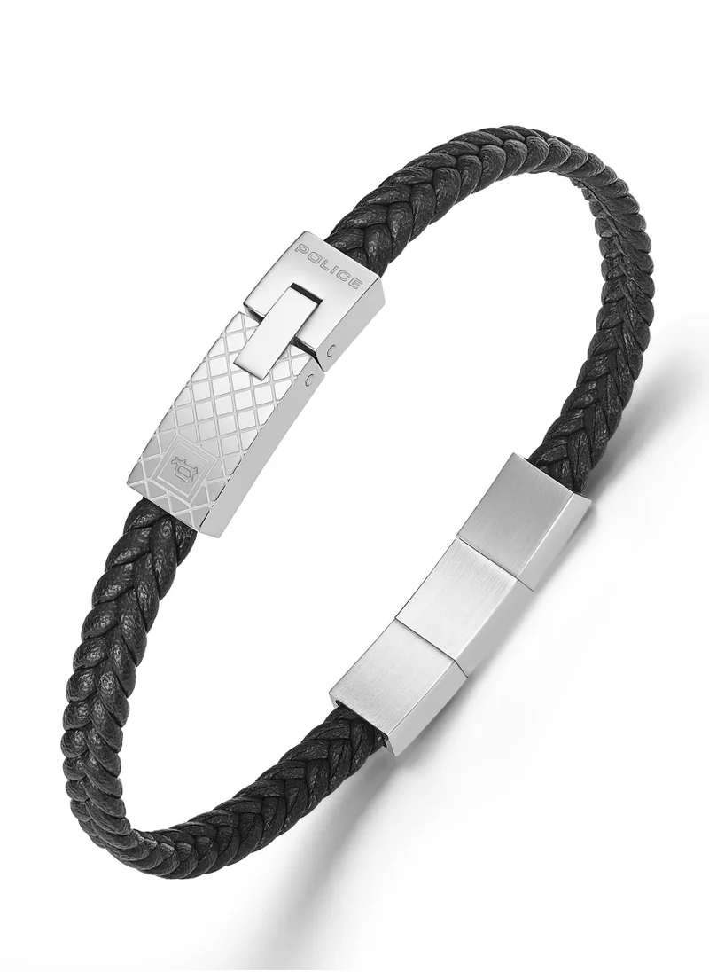 بوليس Intersect Black Leather Stainless Steel Gents Bracelet