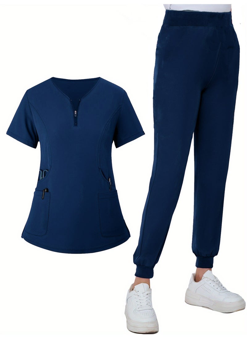 Loquat Womens Men Medical Scrubs Set Medical Uniform Set Navy Blue - Image 1