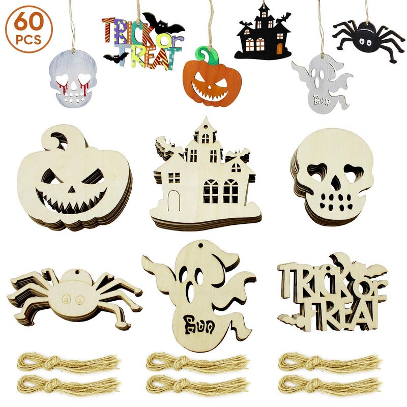Hidreas 60Pcs Halloween Crafts Unfinished Wooden Ornaments DIY Wood Cutouts Kit With 60 Pcs Twine Ropes for Kids