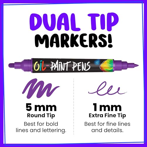 Chalkola 20 Oil Paint Pens - Oil Based Paint Markers for Metal, Fabric, Ceramic, Glass, Rocks - Waterproof & Permanent Markers for Wood, Plastic Surfaces, Steel - 1mm + 5mm Dual Tip - Image 2