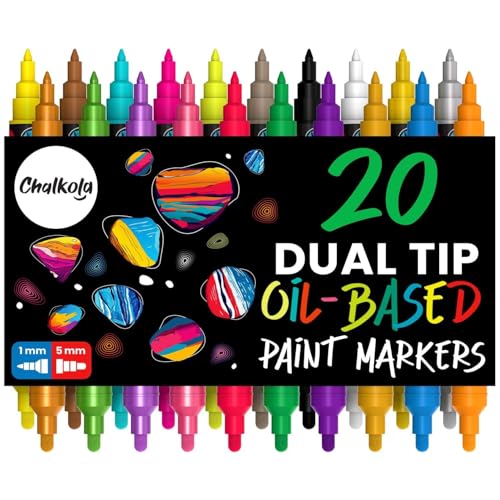 Chalkola 20 Oil Paint Pens - Oil Based Paint Markers for Metal, Fabric, Ceramic, Glass, Rocks - Waterproof & Permanent Markers for Wood, Plastic Surfaces, Steel - 1mm + 5mm Dual Tip - Image 1