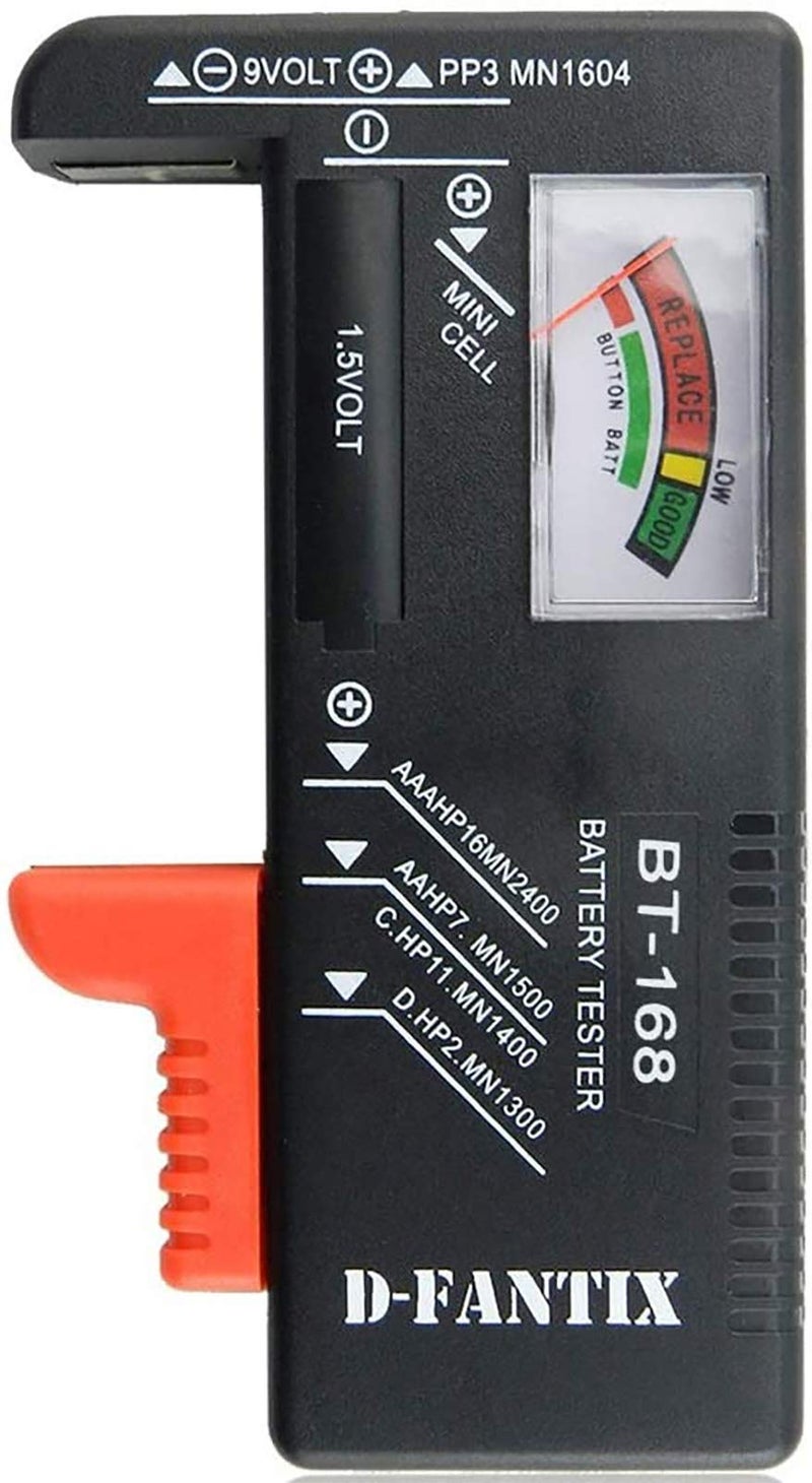D-FantiX Black Olive Battery Tester Universal Battery Checker For AA AAA C D 9V 1.5V Button Cell Batteries (Model: BT-168), Battery Powered, Black - Image 1