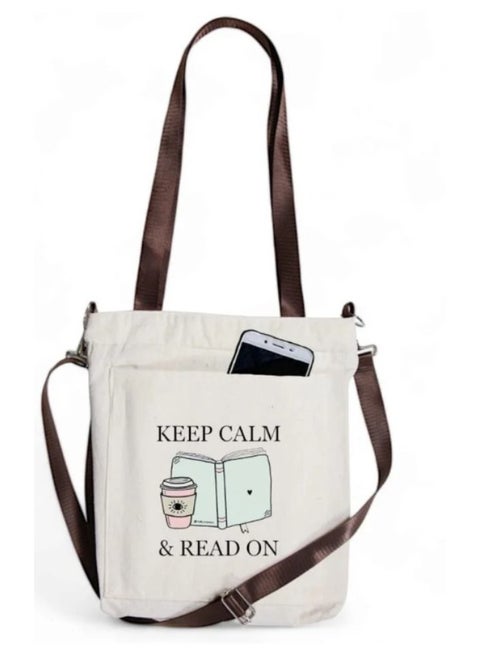 Tote Bag with 2 Handles, External Pocket, Keep Calm Book Design, Lightweight, Reusable, Daily Use Handbag, Stylish & Practical, Beige Color for Women or Girls