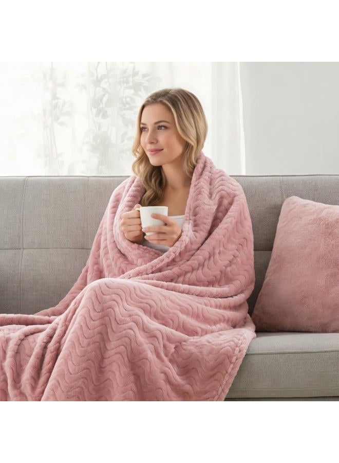 Exclusivo Mezcla Dusty Pink Fleece Queen Size Blanket for Bed, Super Soft Cozy Blankets with Decorative Wave Textured, Lightweight Plush All Season Use, 90x90 Inches - Image 3