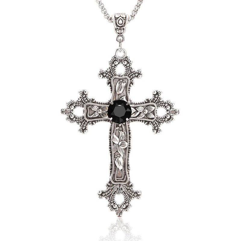 SHUS LIVE Gothic Cross Necklace Silver-Tone Pendant with Black Glass Stone, on 25â€ Steel Chain, Cross Necklace for Women, Large Goth Silver Cross Necklaces for Man, Big y2k Necklaces, Halloween Jewelry - Image 1