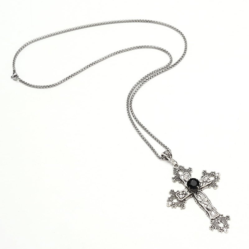 SHUS LIVE Gothic Cross Necklace Silver-Tone Pendant with Black Glass Stone, on 25â€ Steel Chain, Cross Necklace for Women, Large Goth Silver Cross Necklaces for Man, Big y2k Necklaces, Halloween Jewelry - Image 3