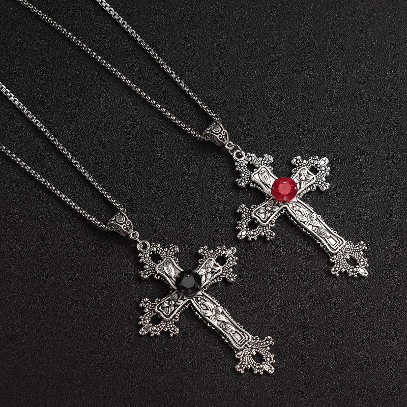 SHUS LIVE Gothic Cross Necklace Silver-Tone Pendant with Black Glass Stone, on 25â€ Steel Chain, Cross Necklace for Women, Large Goth Silver Cross Necklaces for Man, Big y2k Necklaces, Halloween Jewelry - Image 4