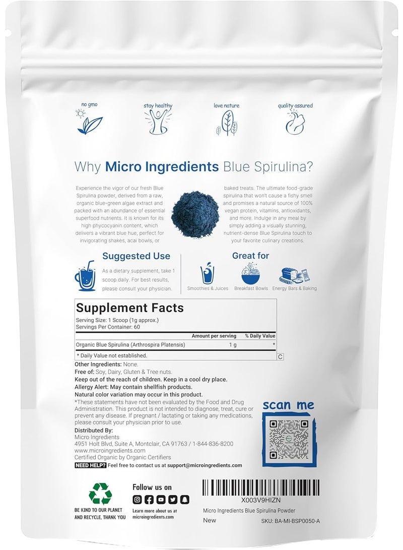 Micro Ingredients مسحوق سبيرولينا الأزرق العضوي (مستخلص فيكوسيانين)، 50 حصة - بدون رائحة مريبة، بروتين نباتي 100% من الطحالب الخضراء المزرقة، ملون طعام أزرق مضيء طبيعي للعصائر والخبز والمشروبات والطبخ - Image 2