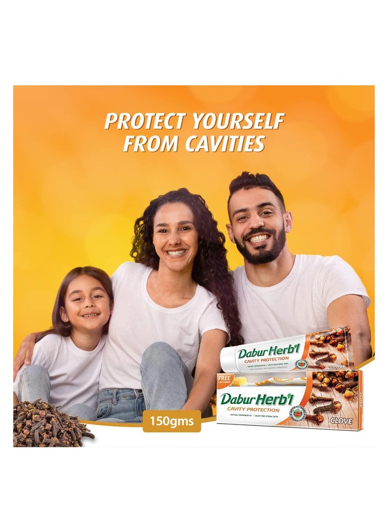 Dabur Herb'l Dabur Herbal Cavity Protection Clove Toothpaste 140gm + Free Toothbrush Multicolor  - Image 3