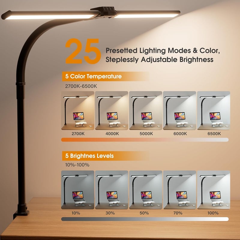 SIBRILLE LED Desk Lamp for Home Office - Eye-Caring Computer Desk Light with Clamp, Rotatable Computer Lighting with Color Changing, Dimmable Monitor Table Lamp with Gooseneck, Double Head, Black - Image 3