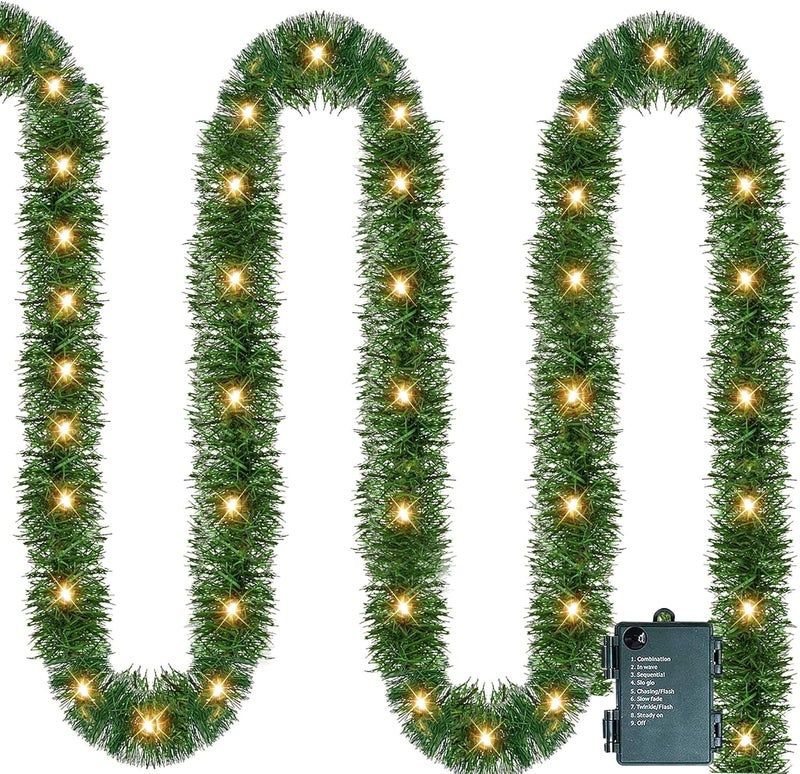 NEROSUN 14.8 FT Artificial Christmas Garland, 50 Pre-Lit LED Mini String Lights Battery Operated Xmas Garland for Home Stair Railing Indoor Wedding Party Christmas Ornament Decorations (Warm White) - Image 1