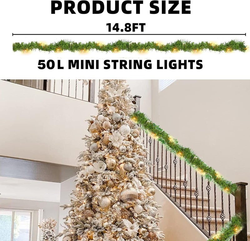 NEROSUN 14.8 FT Artificial Christmas Garland, 50 Pre-Lit LED Mini String Lights Battery Operated Xmas Garland for Home Stair Railing Indoor Wedding Party Christmas Ornament Decorations (Warm White) - Image 2