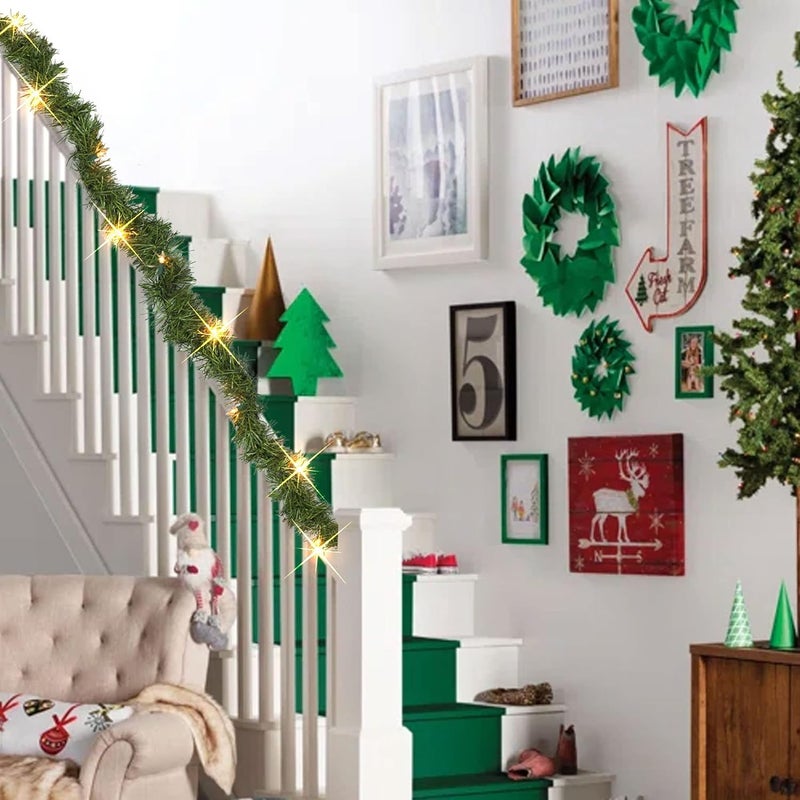 NEROSUN 14.8 FT Artificial Christmas Garland, 50 Pre-Lit LED Mini String Lights Battery Operated Xmas Garland for Home Stair Railing Indoor Wedding Party Christmas Ornament Decorations (Warm White) - Image 4