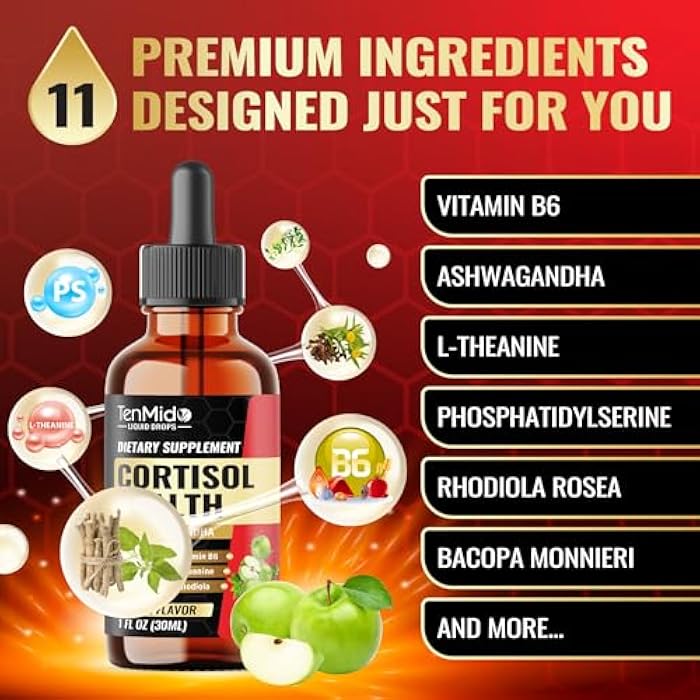 Tenmido Cortisol Supplement Liquid Drops - 11in1 with Ashwagandha, L-Theanine, Phosphatidylserine, Rhodiola, Bacopa, Magnolia, Lemon Balm, Ginkgo Biloba, and More - 30ml 1Fl Oz - Image 3