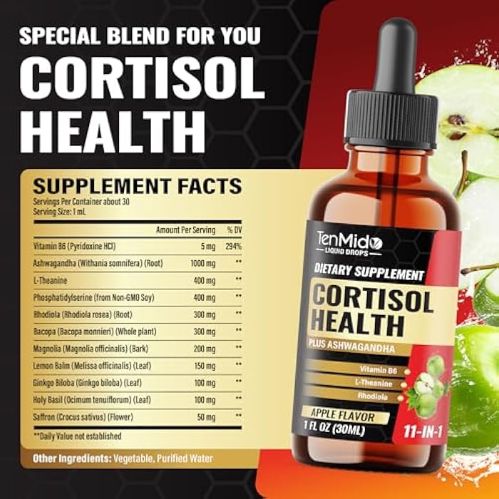 Tenmido Cortisol Supplement Liquid Drops - 11in1 with Ashwagandha, L-Theanine, Phosphatidylserine, Rhodiola, Bacopa, Magnolia, Lemon Balm, Ginkgo Biloba, and More - 30ml 1Fl Oz - Image 2