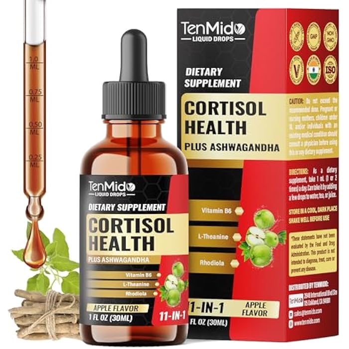 Tenmido Cortisol Supplement Liquid Drops - 11in1 with Ashwagandha, L-Theanine, Phosphatidylserine, Rhodiola, Bacopa, Magnolia, Lemon Balm, Ginkgo Biloba, and More - 30ml 1Fl Oz - Image 1