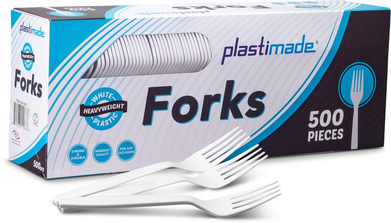 Plastimade Heavyweight Plastic Forks  500 Count Disposable White Cutlery for Events Catering Parties  Takeout