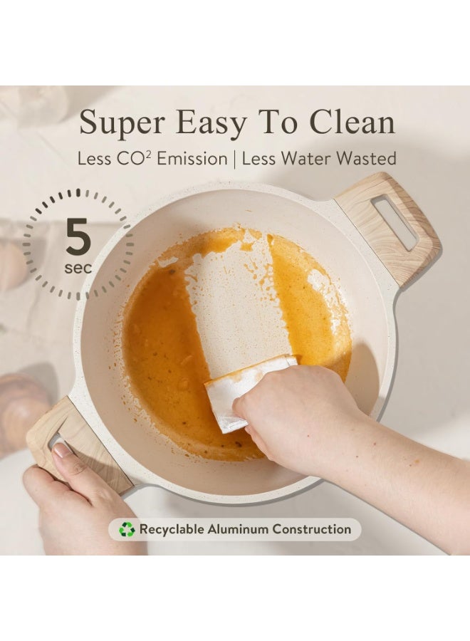 توب شيف طقم أدوات طهي وقدور ومقالي مطلية بالجرانيت بأسطح مانعة للالتصاق ومقابض خشبية وأغطية من الزجاج مزودة بالسيليكون المقوى وخالية من حمض بيرفلورو الأوكتانويك مكون من 9 قطع - لون بيج - Image 2