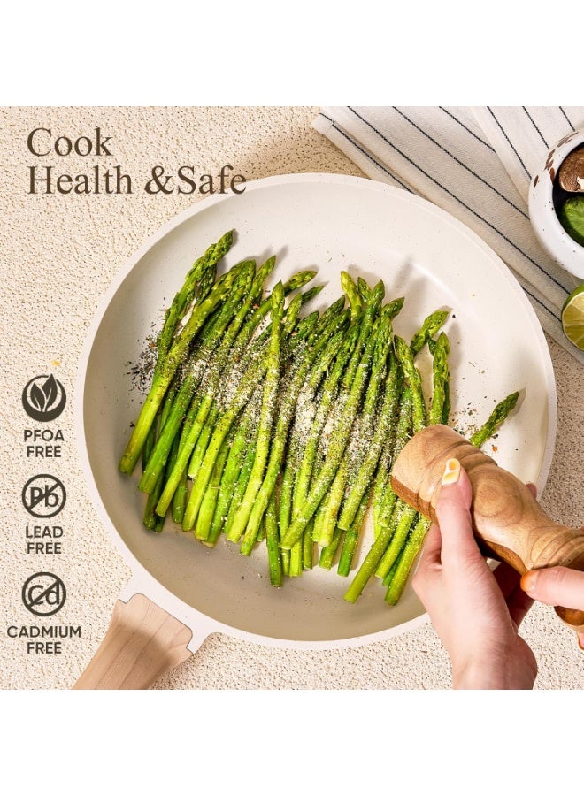 توب شيف طقم أدوات طهي وقدور ومقالي مطلية بالجرانيت بأسطح مانعة للالتصاق ومقابض خشبية وأغطية من الزجاج مزودة بالسيليكون المقوى وخالية من حمض بيرفلورو الأوكتانويك مكون من 9 قطع - لون بيج - Image 3