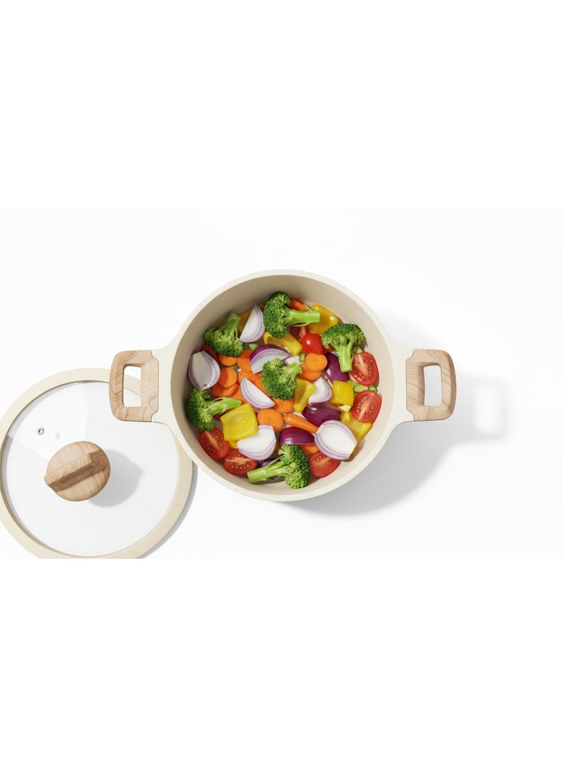 توب شيف طقم أدوات طهي وقدور ومقالي مطلية بالجرانيت بأسطح مانعة للالتصاق ومقابض خشبية وأغطية من الزجاج مزودة بالسيليكون المقوى وخالية من حمض بيرفلورو الأوكتانويك مكون من 9 قطع - لون بيج - Image 5