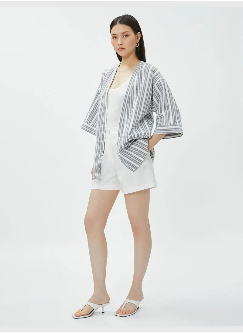 كوتون Short Sleeve Pocket Detail Oversized Linen Kimono