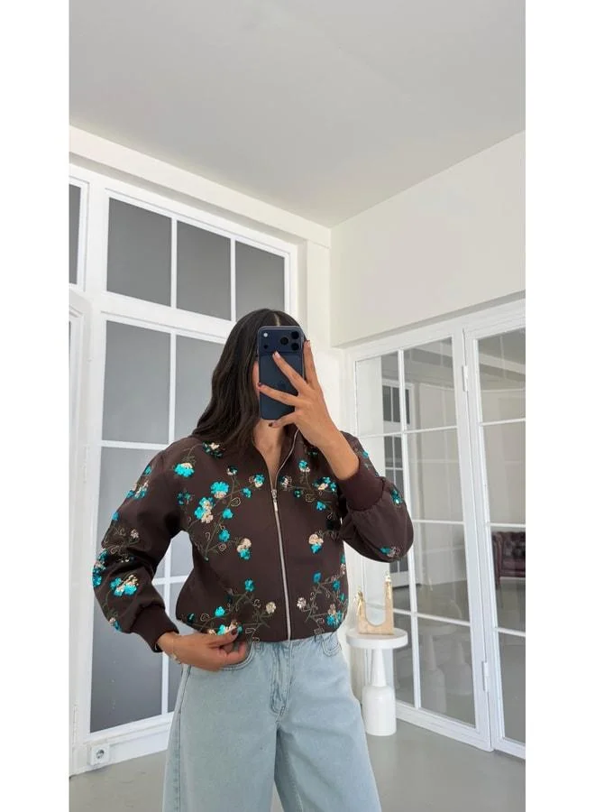 Coffee Sequin Embroidered Lined Bomber Jacket GAUS-01934