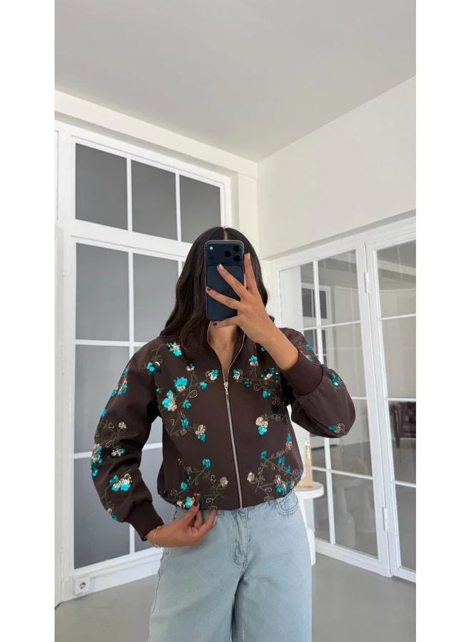Gaus  Coffee Sequin Embroidered Lined Bomber Jacket GAUS-01934 for Women | Best Price UAE