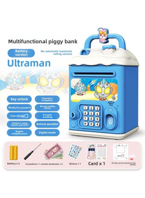 2024 Children's Ultraman Piggy Bank Boy's Large Capacity Can't Fall, Only Can't Enter, Password Piggy Bank-Color:Blue Otoman [key Code Lock☆Music Story] Battery