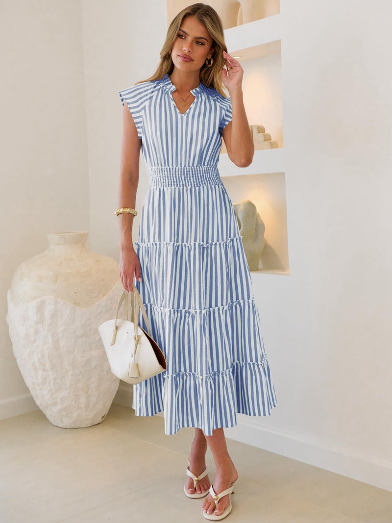 Caracilia Womens Summer Maxi Dresses Casual V Neck Cap Sleeve Gingham Striped Dress Flowy Tiered Beach Vacation Midi Sundress Blue White Striped X-Large - Image 2